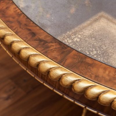 Finished Table top: showing Eglomise mirror, burr walnut border, ebony inlay and gadrooned front edge